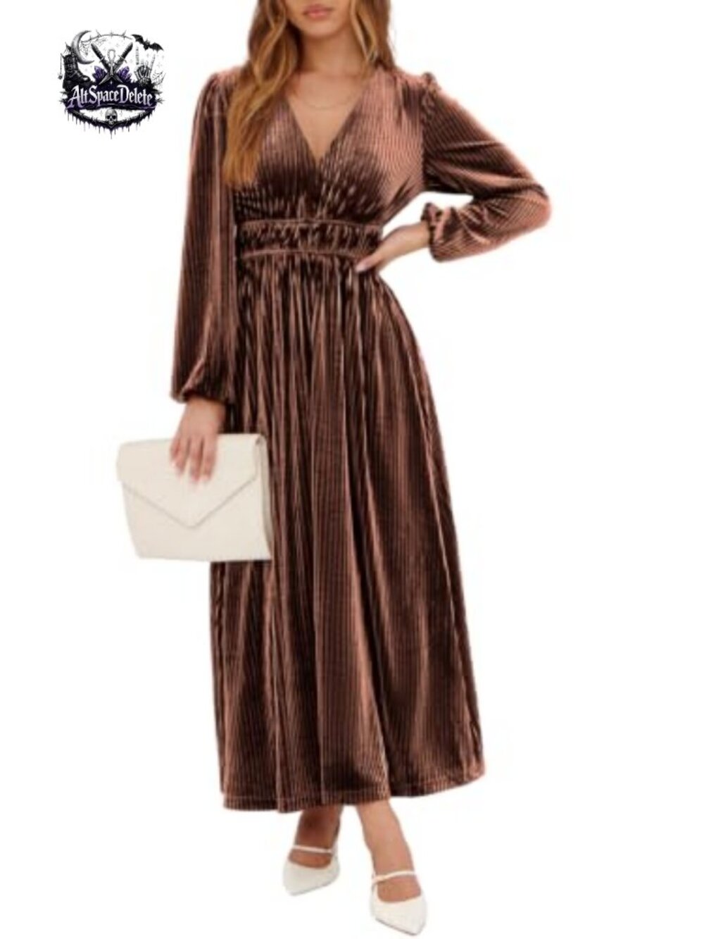Velvet Long Sleeve Maxi Dress V-Neck Lantern Sleeve Formal Wedding Guest